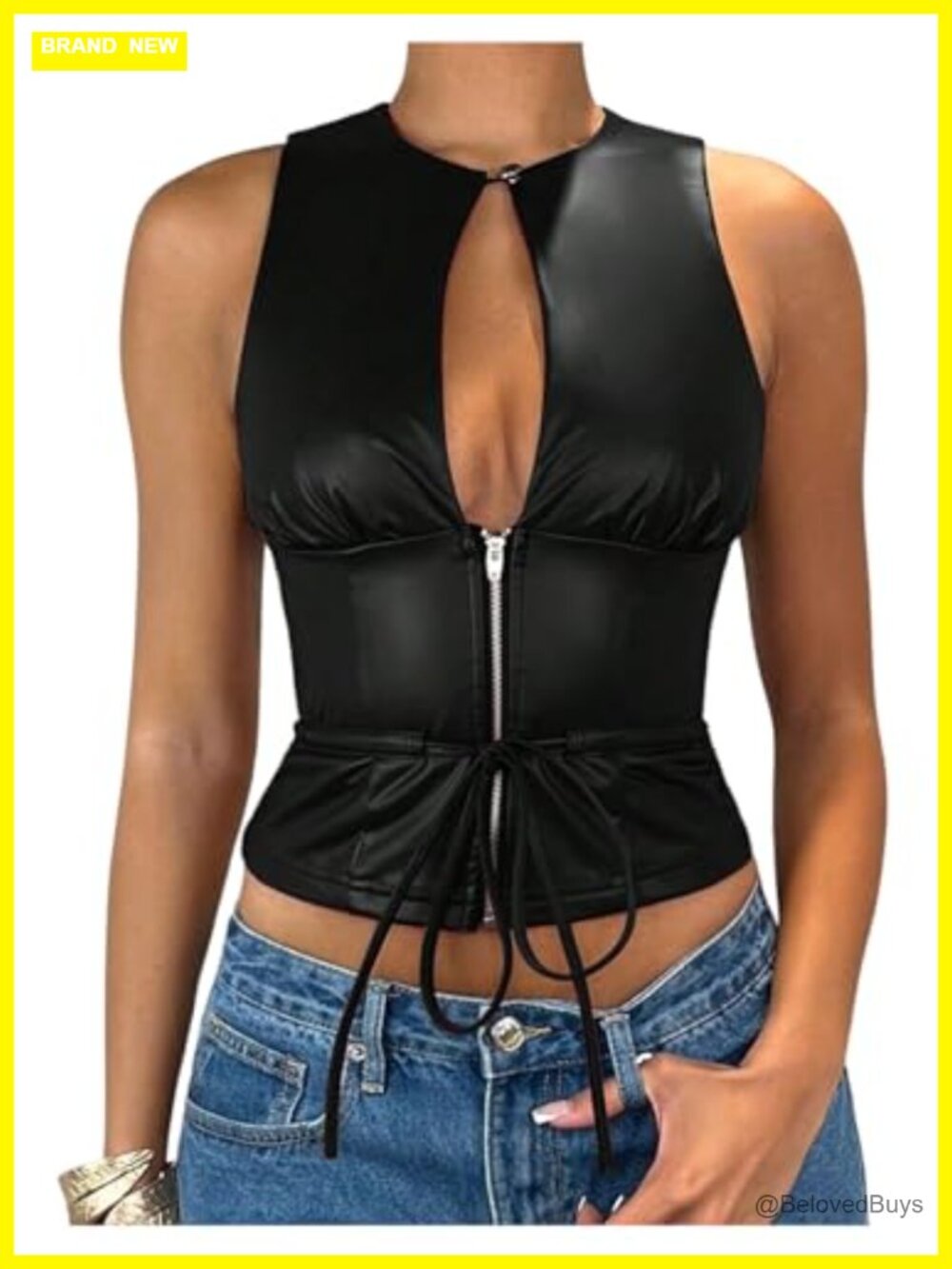 Faux Leather Cut Out Zipper Front Tank Top Sleeveless Going Out